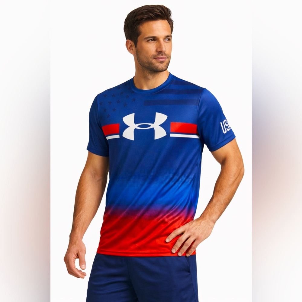 Under Armour HeatGear USA Shirt Men’s Medium Red White Blue Athletic Tee